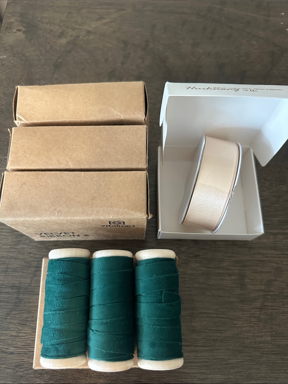Green Vintage Velvet Ribbon Spools with Beige Ribbon